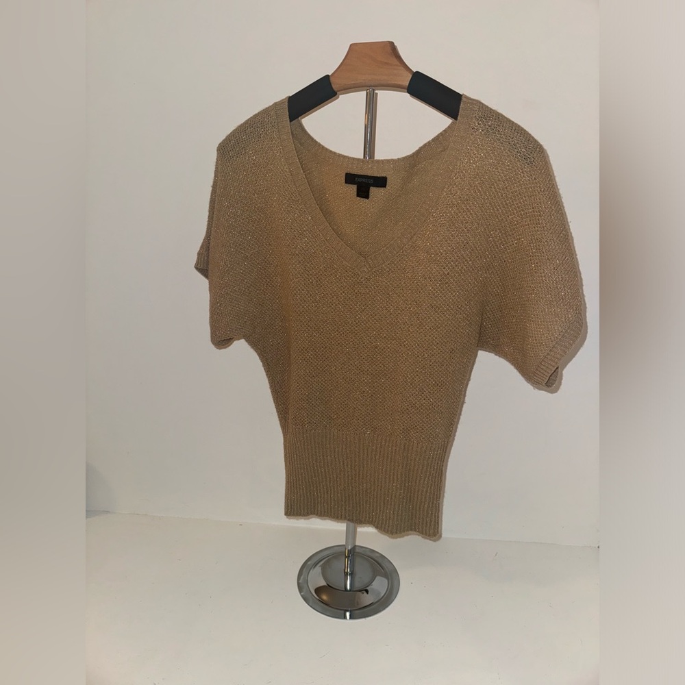 Express Gold Shimmer, Cropped Short Sleeve Shirt, Size XSmall